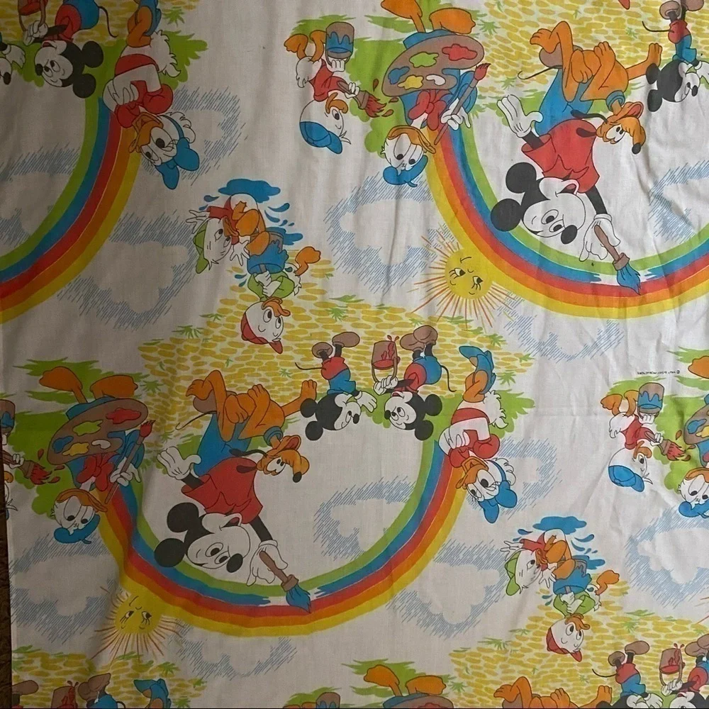 Vintage Disney Mickey Mouse Flat Twin Sheet Painting Rainbows Donald Duck Huey